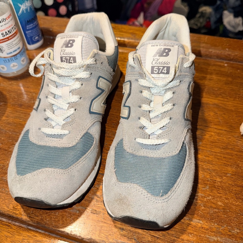 New Balance 574 Gray and Blue Suede Mesh Sneakers